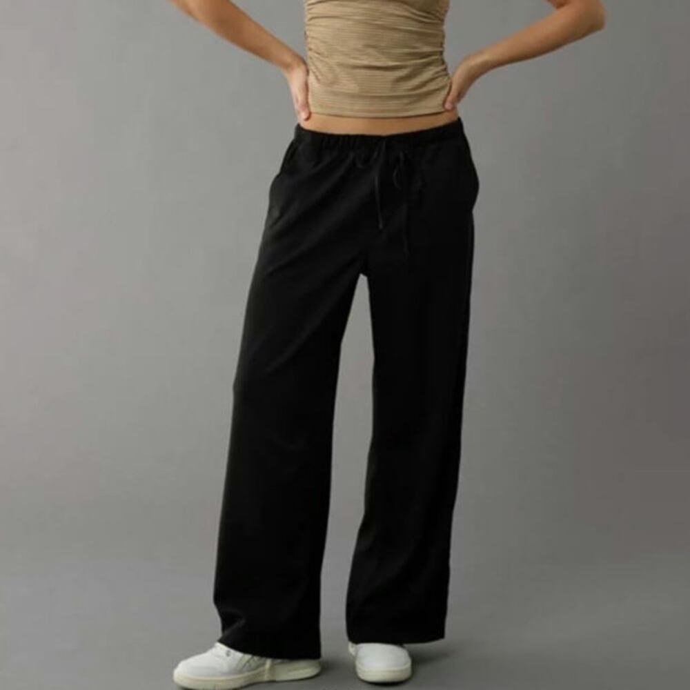 American Eagle Black Low Rise Pull-on Baggy Wide Leg Poppy Trouser Pant